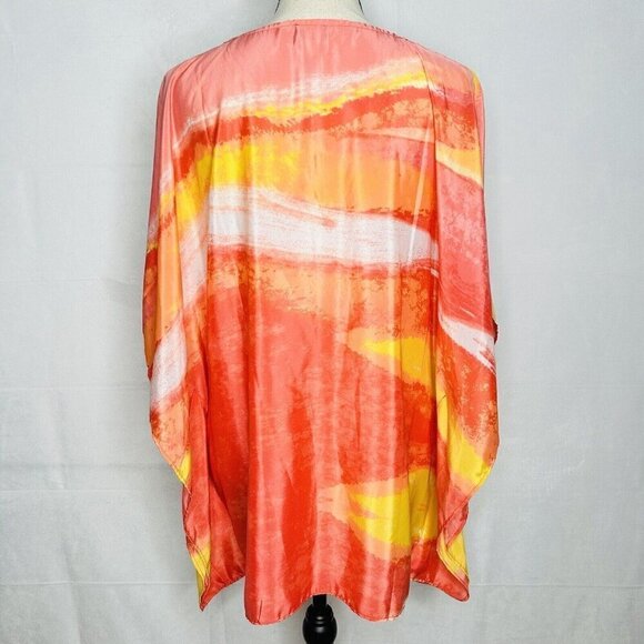 Chicos Sz S/M Overlay Bright Pink Orange Kimono Short Sleeve Poncho Satin - Picture 8 of 10
